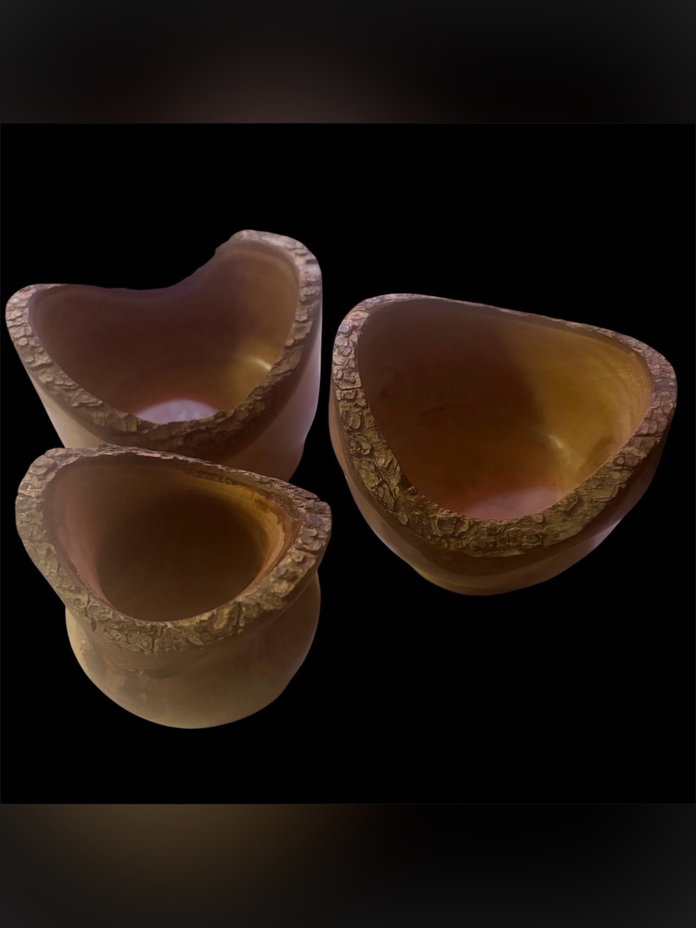 (Set of 3) Rustic Live Edge Hand Carved Wooden Bowls in EUC - marked “BA 2013”